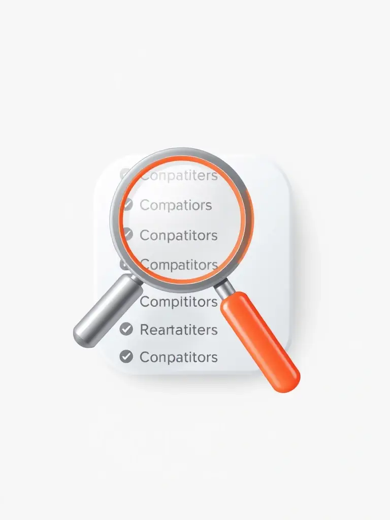 An icon representing preparation, such as a magnifying glass over a list of competitors, in a clean, modern style, used to illustrate the first step of AfiLead's lead generation process.