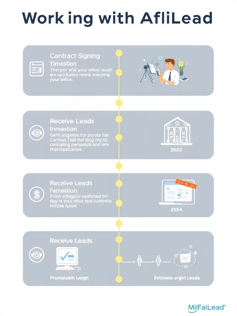 Infographic illustrating the step-by-step process of working with AfiLead, from contract signing to receiving the first leads, including estimated timeframes for each step.