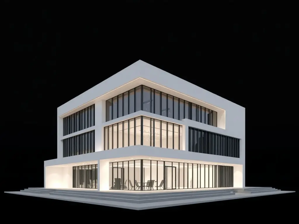 An icon of a modern building or house, set against a minimalist background, representing the real estate industry.